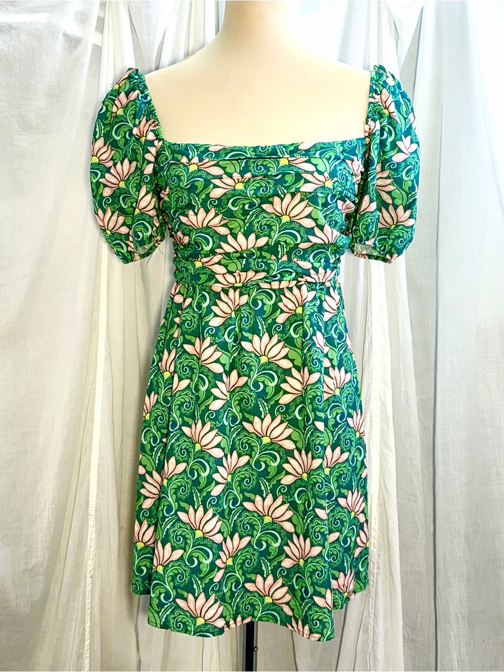 Few Moda O.P.T. Ruched Puff Sleeve Smocked Mini Dress 100% Cotton Sz L
